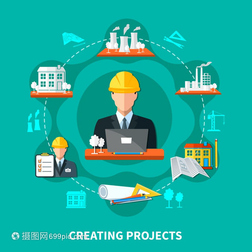 項(xiàng)目創(chuàng)建圈成工程圓形成平工廠工業(yè)圖標(biāo)繪制工具待辦列表建筑圖像矢量插圖